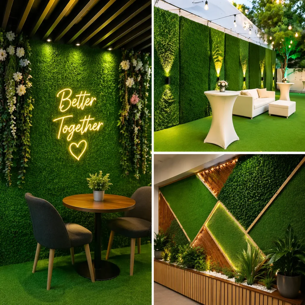 Modern spaces with lush greenery and neon